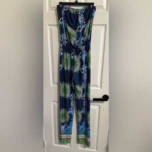 Strapless Navy & Green Patterned Wide-Leg Romper.  Stretchy at top and waist
